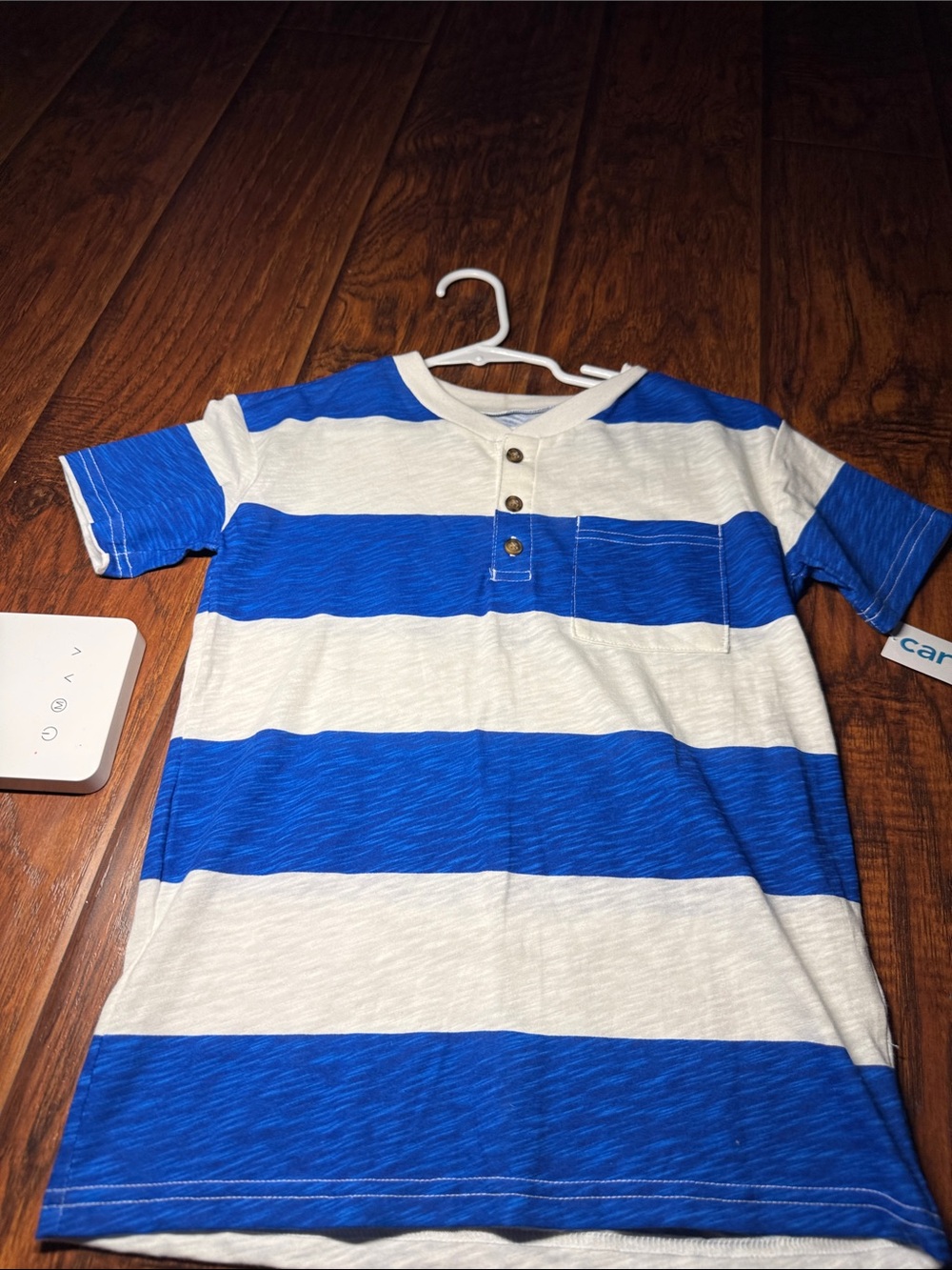 Carter’s size 7 Kids Blue & White Striped Henley shirt, new w tags